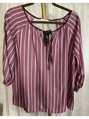 NWOT Oddy Women's Top Magenta Stripe Lace Back Boho Peasant Blouse Boat Neck M
